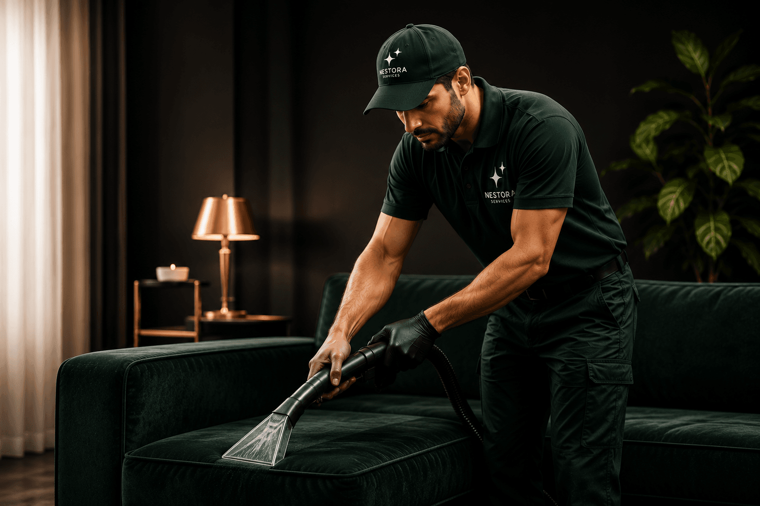 Nestora Services technician deep-cleaning a couch